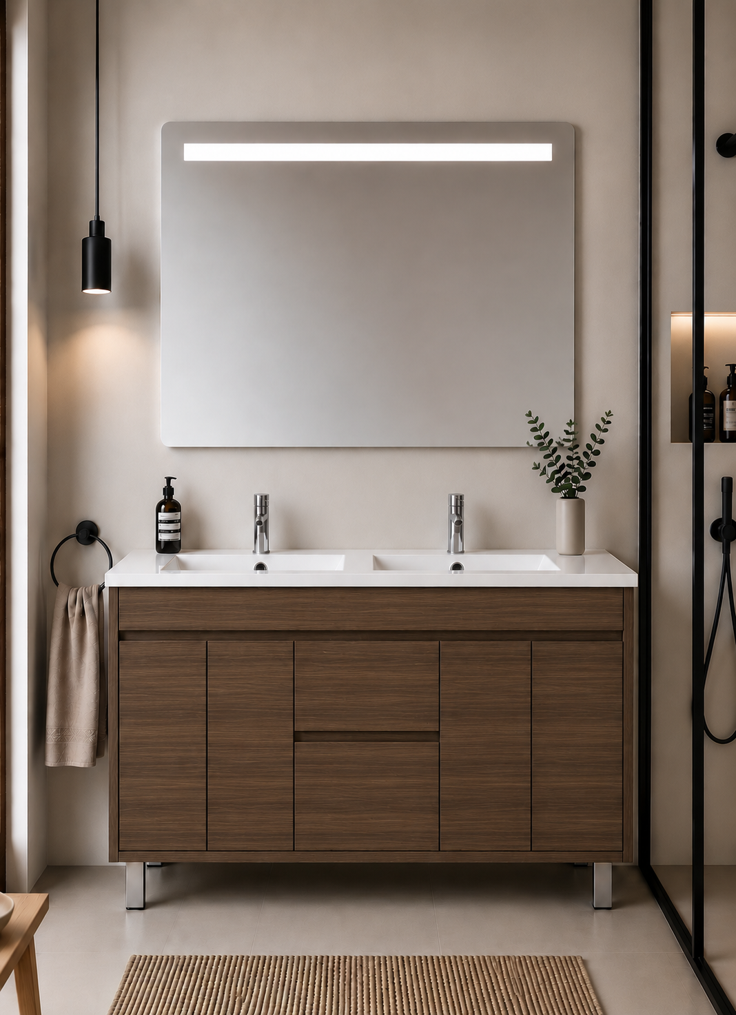 Mueble de baño con patas Isquia, lavabo, puertas y cajones