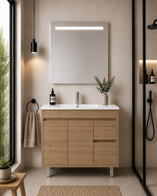 Mueble de baño con patas Isquia, lavabo, puertas y cajones