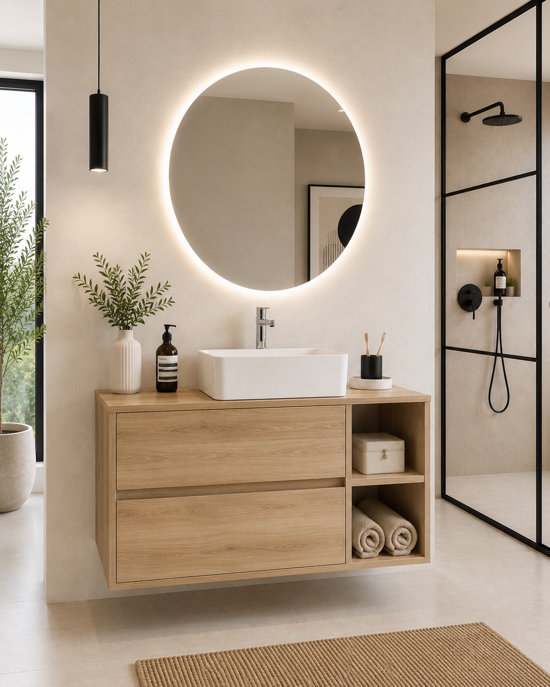 Mueble de baño ZEUS con encimera de madera y lavabo sobreencimera
