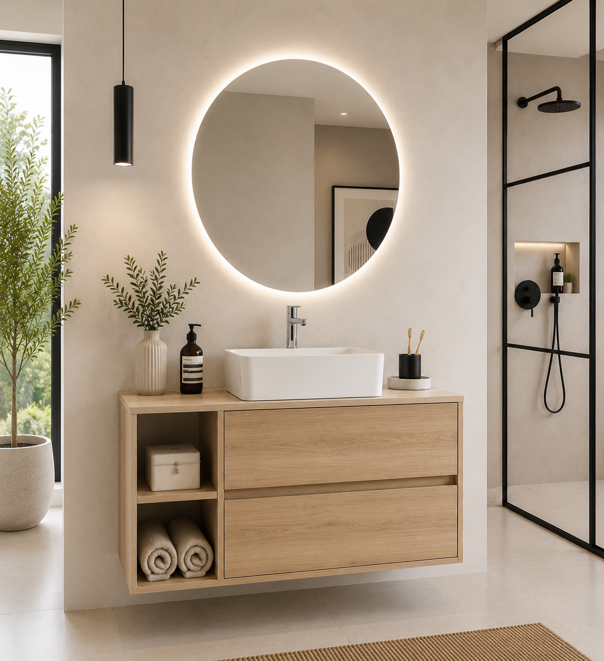 Mueble de baño ZEUS con encimera de madera y lavabo sobreencimera