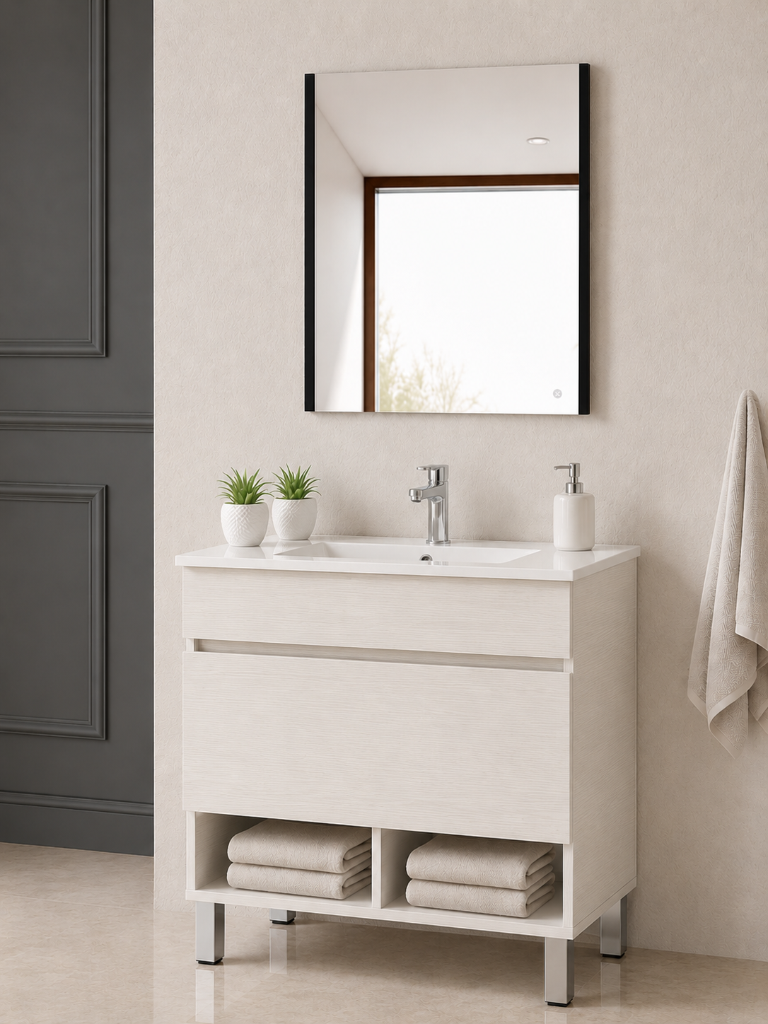 Mueble de baño con patas NEBARI con cajón y lavabo extraplano