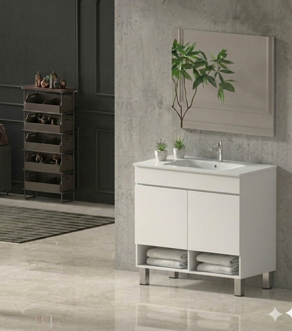Mueble de baño con patas NEBARI con puertas y lavabo extraplano