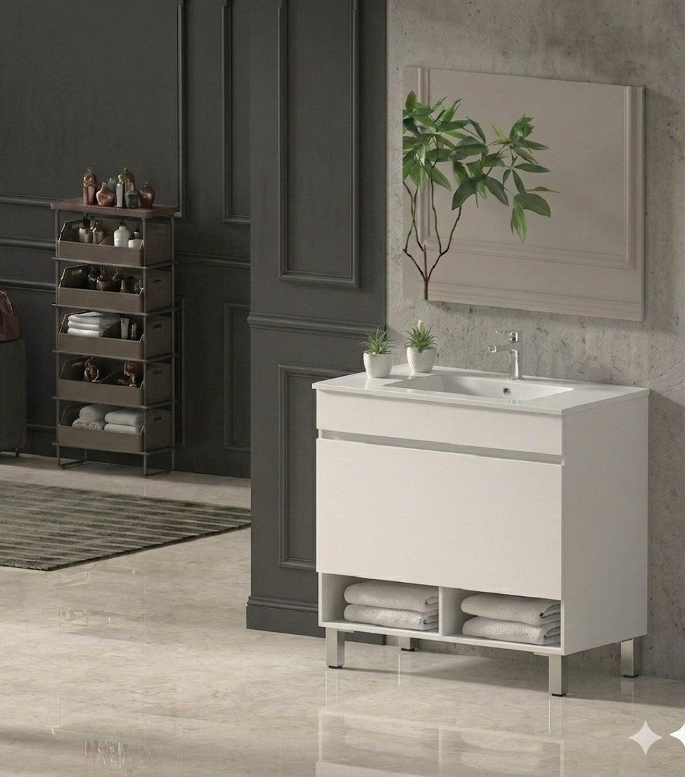 Mueble de baño con patas NEBARI con cajón y lavabo extraplano