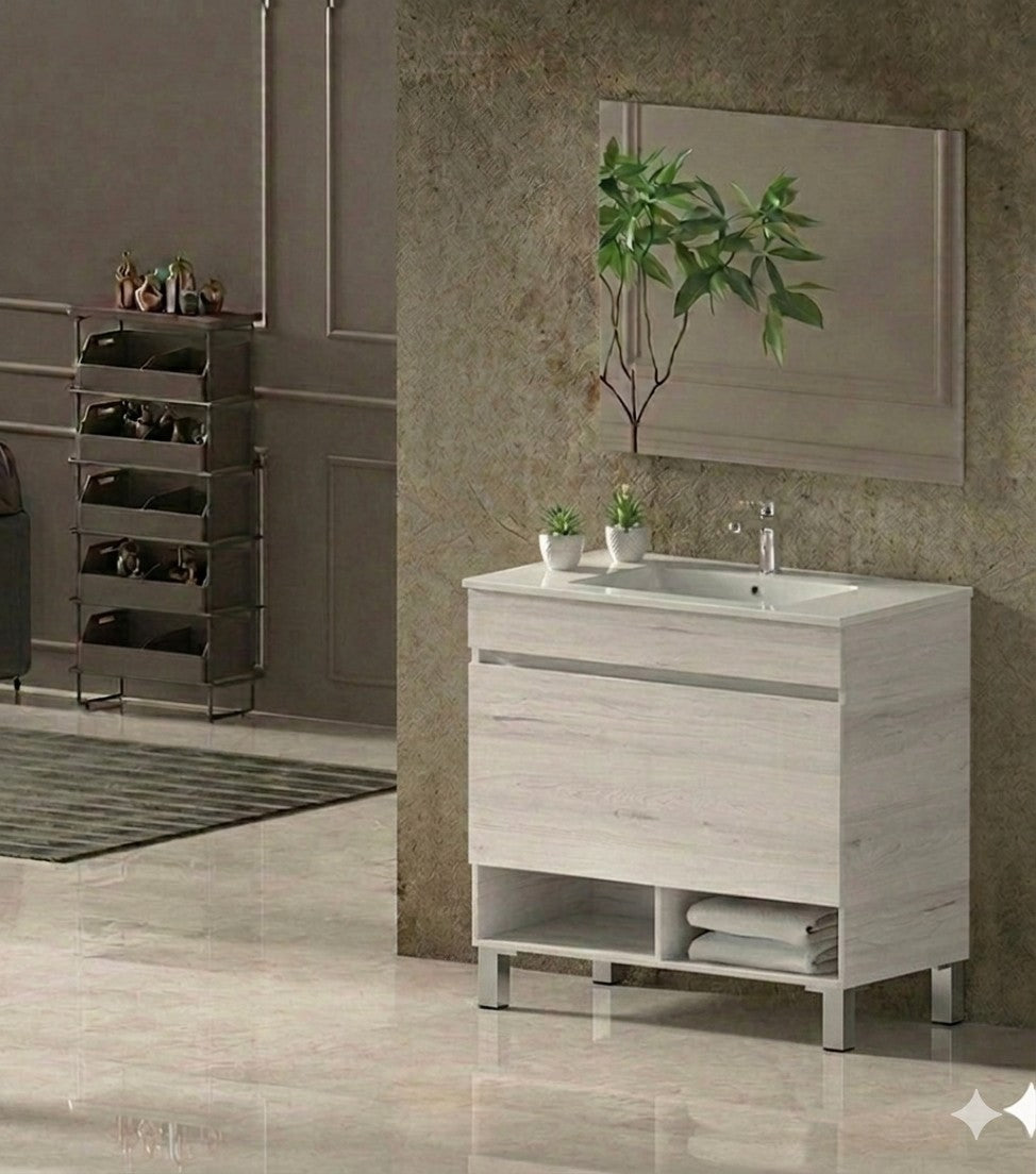 Mueble de baño con patas NEBARI con cajón y lavabo extraplano