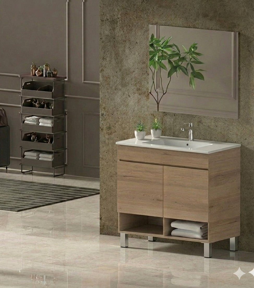 Mueble de baño con patas NEBARI con puertas y lavabo extraplano