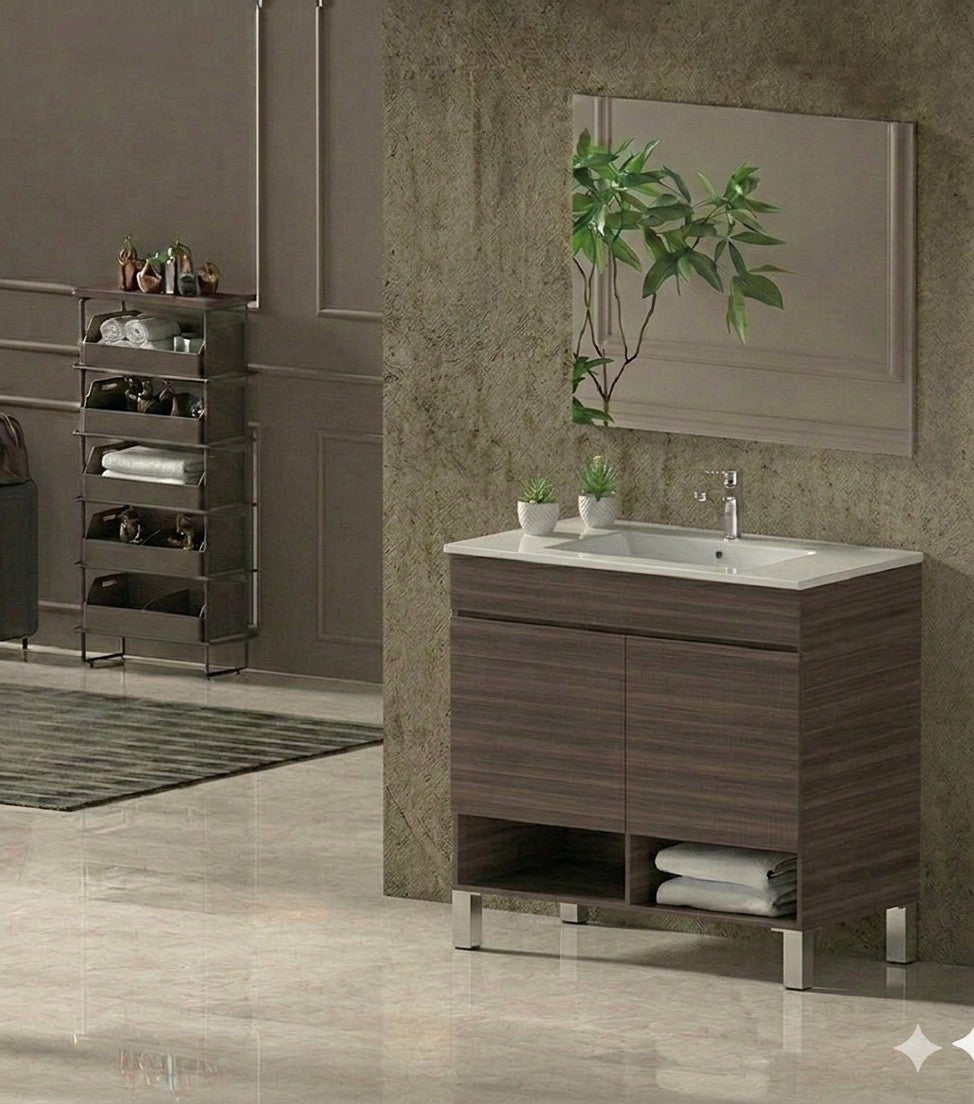 Mueble de baño con patas NEBARI con puertas y lavabo extraplano