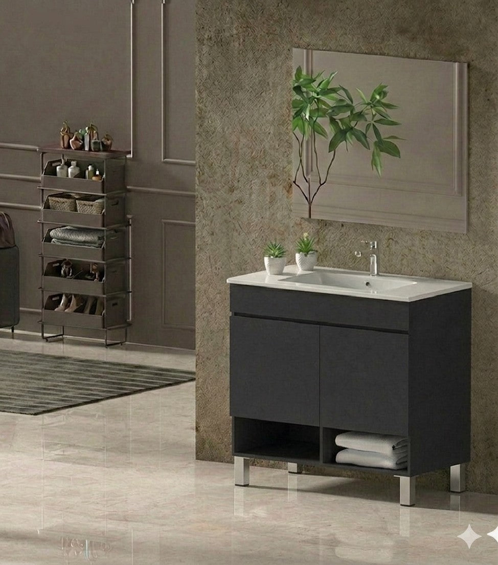 Mueble de baño con patas NEBARI con puertas y lavabo extraplano