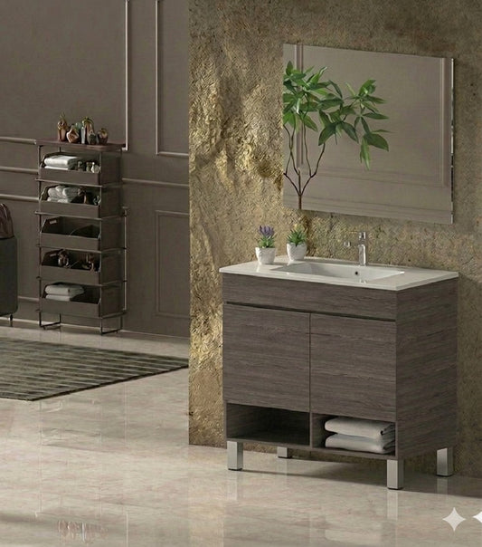 Mueble de baño con patas NEBARI con puertas y lavabo extraplano