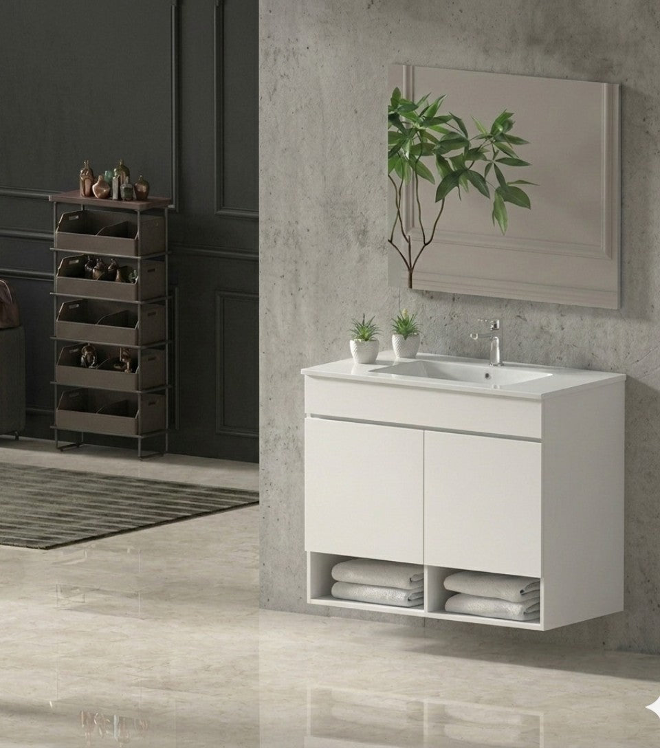 Mueble de baño suspendido NEBARI con puertas y lavabo extraplano