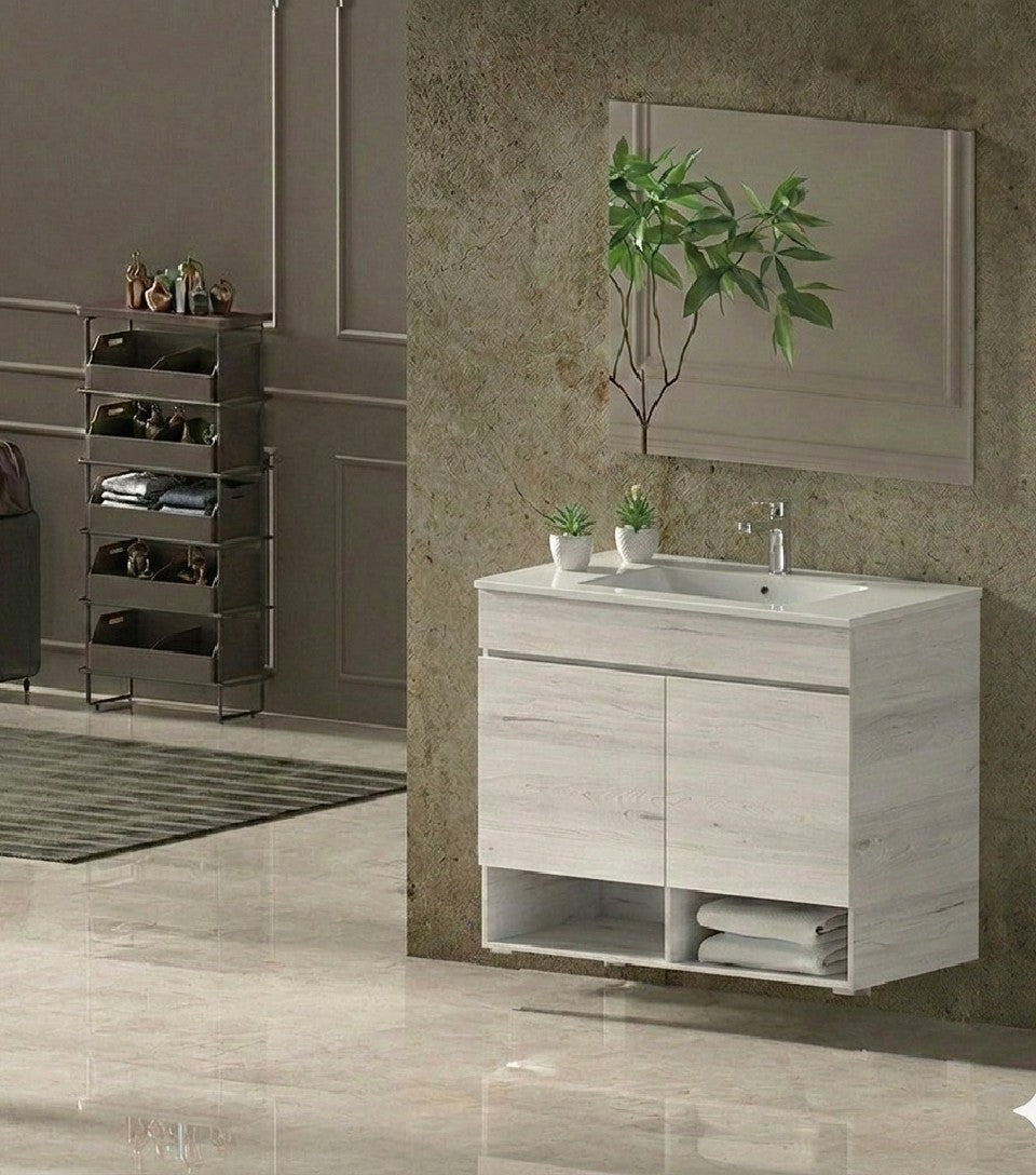 Mueble de baño suspendido NEBARI con puertas y lavabo extraplano