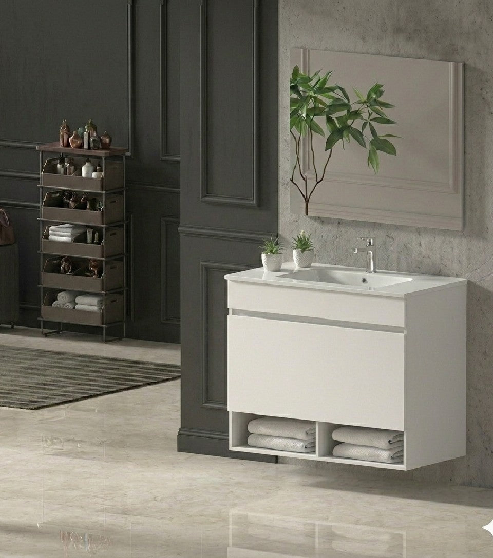 Mueble de baño suspendido NEBARI con cajón y lavabo extraplano