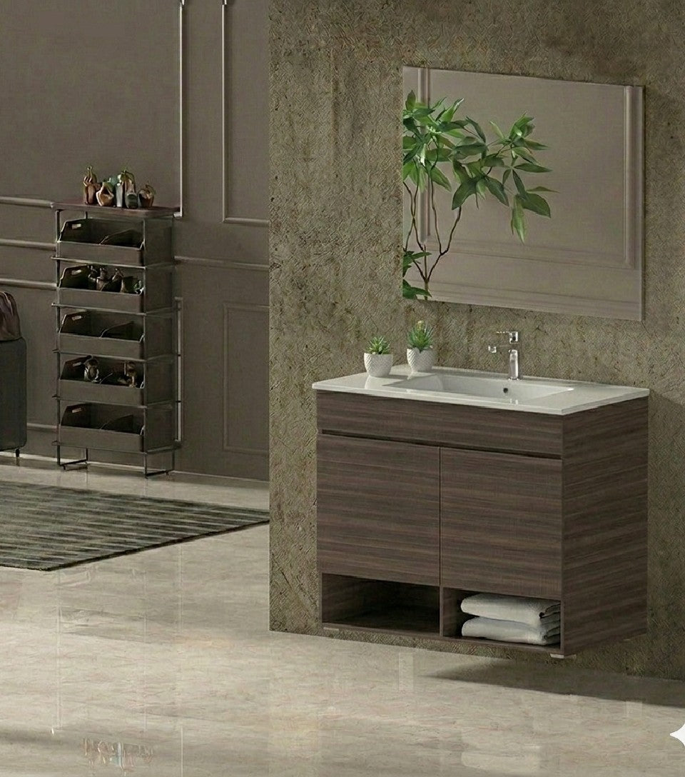 Mueble de baño suspendido NEBARI con puertas y lavabo extraplano