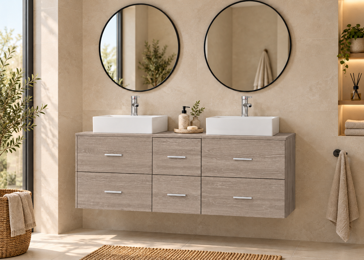 Mueble de baño MILOS 121 en Roble Smoky con dos lavabos LIBRA